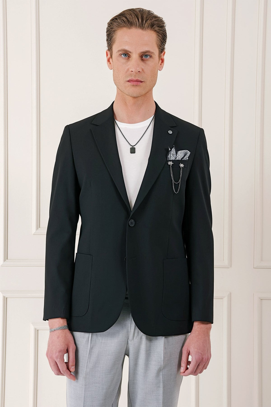 Comfort Fit Çift Yırtmaç Torba Cep Pamuk Siyah Blazer Ceket C 667