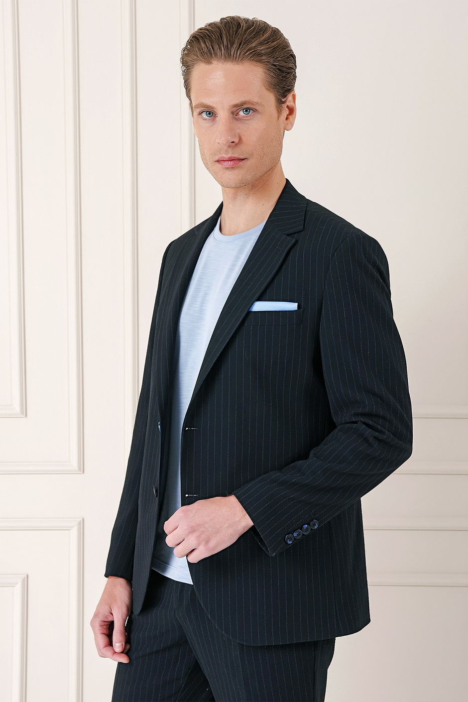 Comfort Fit Çizgili Esnek Pamuk Casual Siyah Ceket C 673