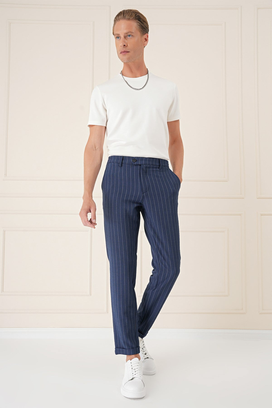 Comfort Fit Çizgili Gofre Kumaş Esnek Lacivert Pamuk Pantolon P 1157