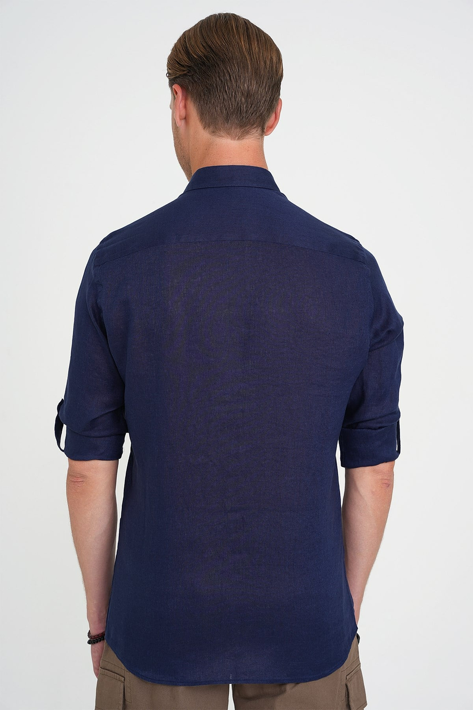 Comfort Fit Düğme Yaka Katlanır Kol %100 Keten Düz Lacivert Gömlek G 1595