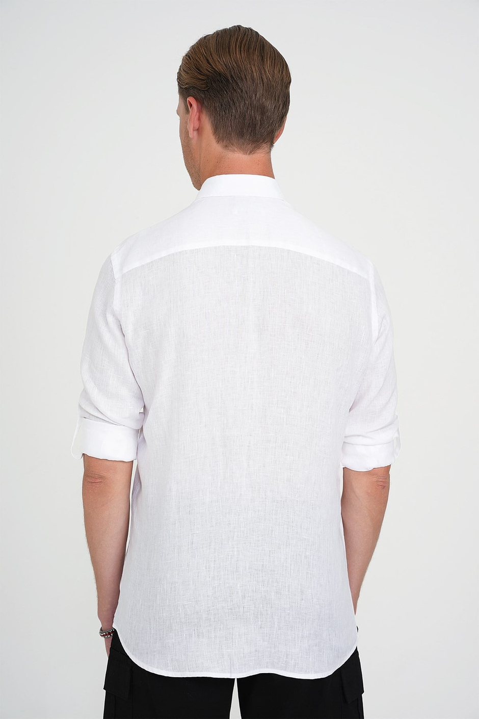 Comfort Fit Düğme Yaka Katlanır Kol %100 Keten Düz Beyaz Gömlek G 1595