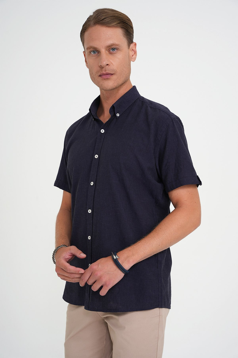 Comfort Fit Düğme Yaka Kısa Kollu %100 Keten Düz Lacivert Gömlek G 1596