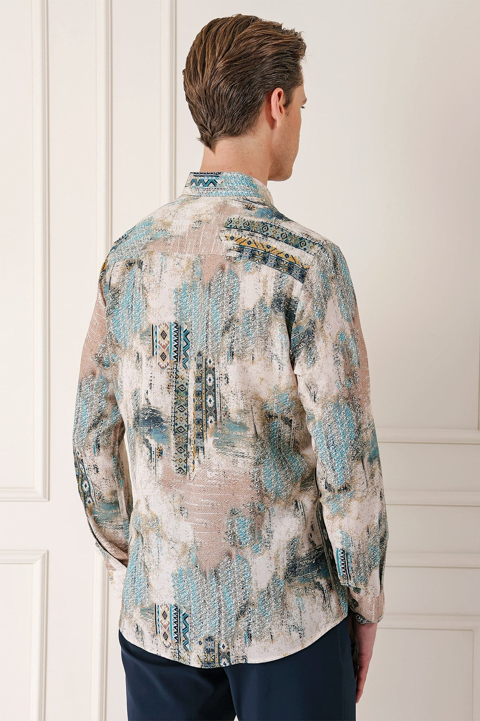 Comfort Fit Düğmeli Yaka Batik Desenli Pamuk Mint Gömlek G 1566