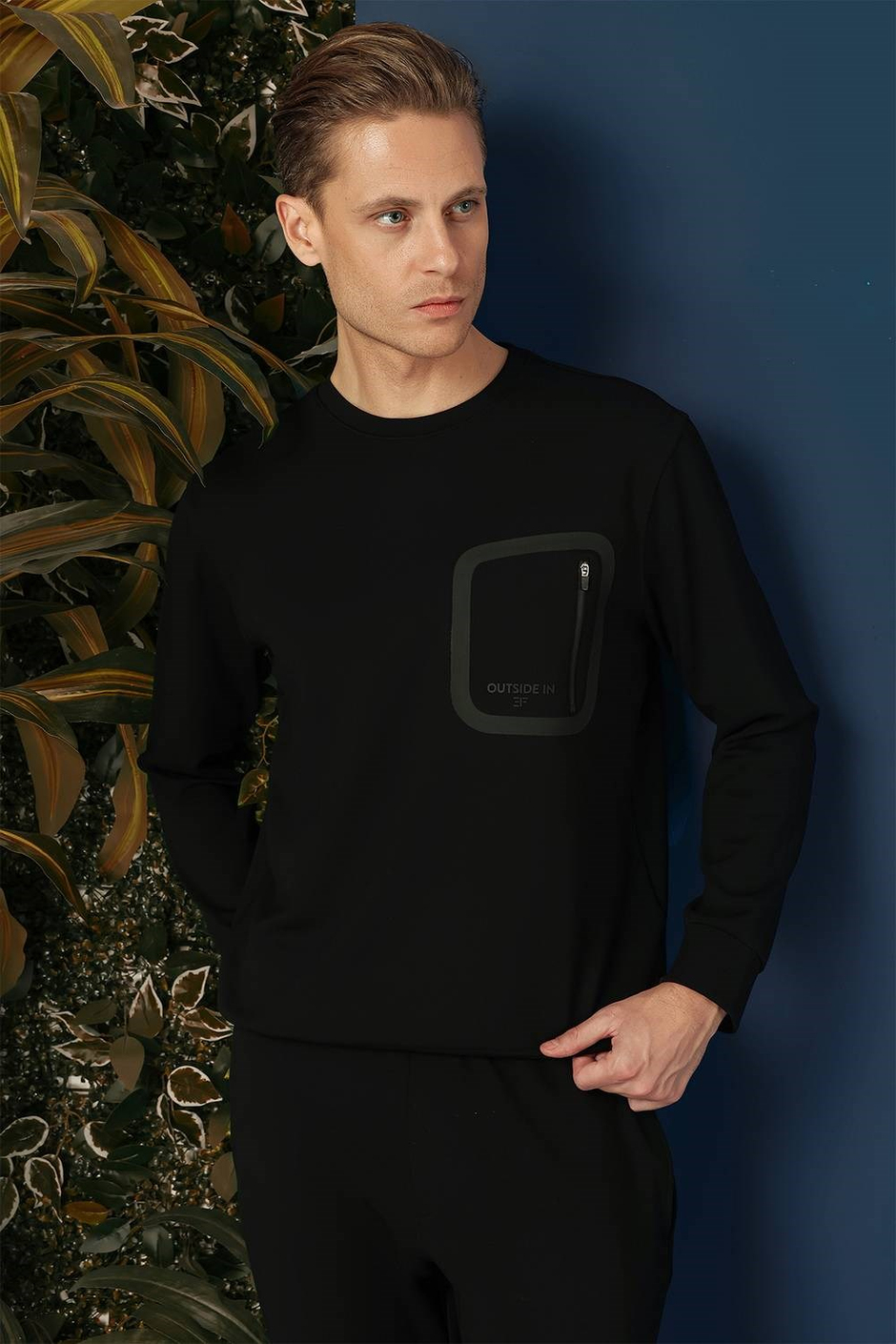 Comfort Fit Esnek %100 Pamuk Bisiklet Yaka Siyah Sweatshirt TS 874