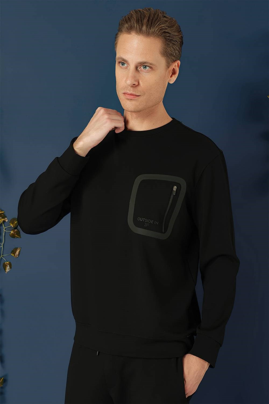 Comfort Fit Esnek %100 Pamuk Bisiklet Yaka Siyah Sweatshirt TS 874