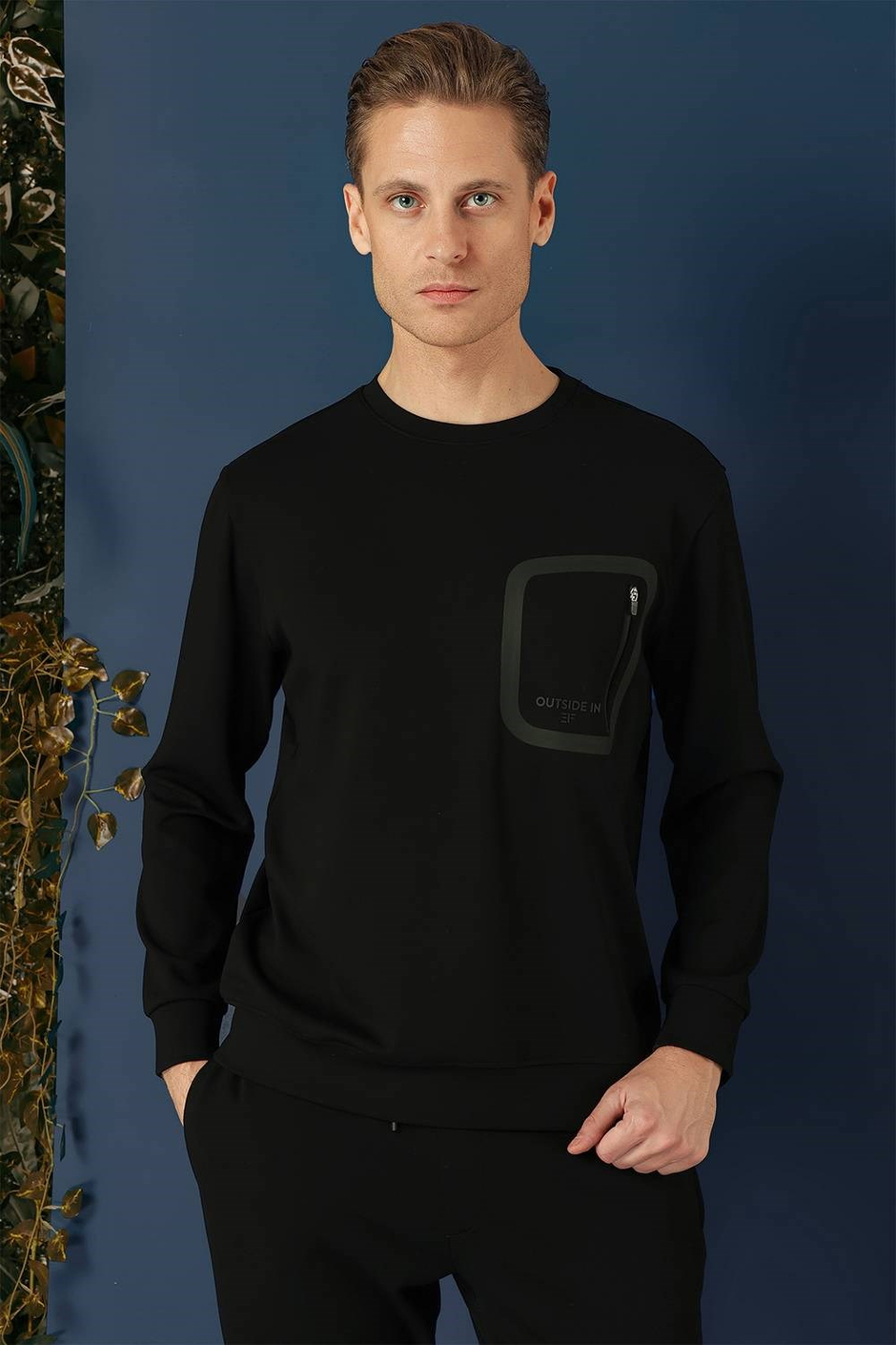 Comfort Fit Esnek %100 Pamuk Bisiklet Yaka Siyah Sweatshirt TS 874