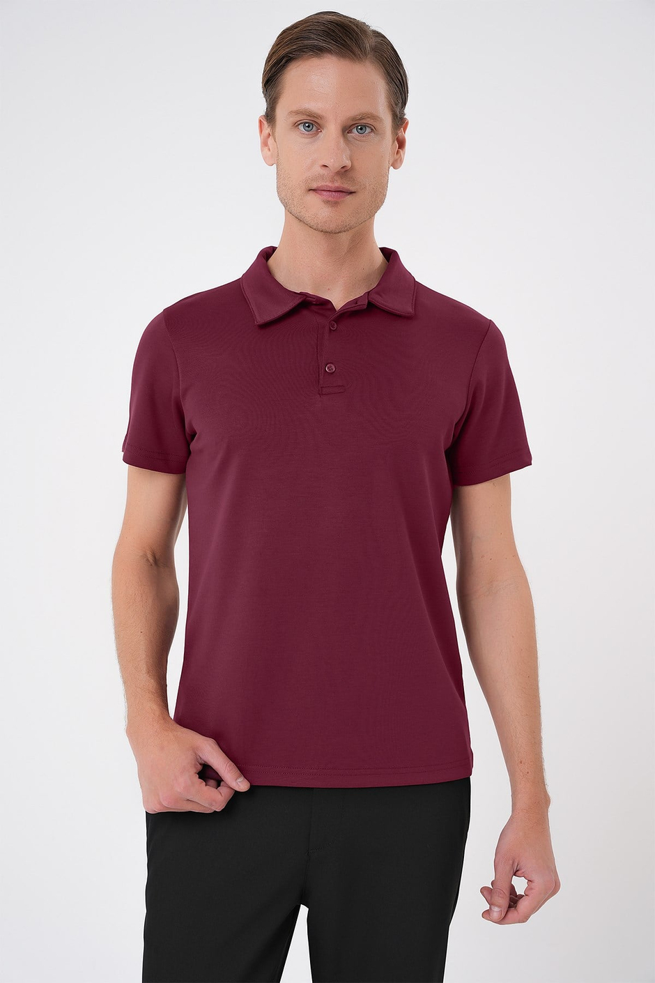 Comfort Fit Esnek Pamuk Düğmeli Bordo Polo Yaka Tişört Ts 886