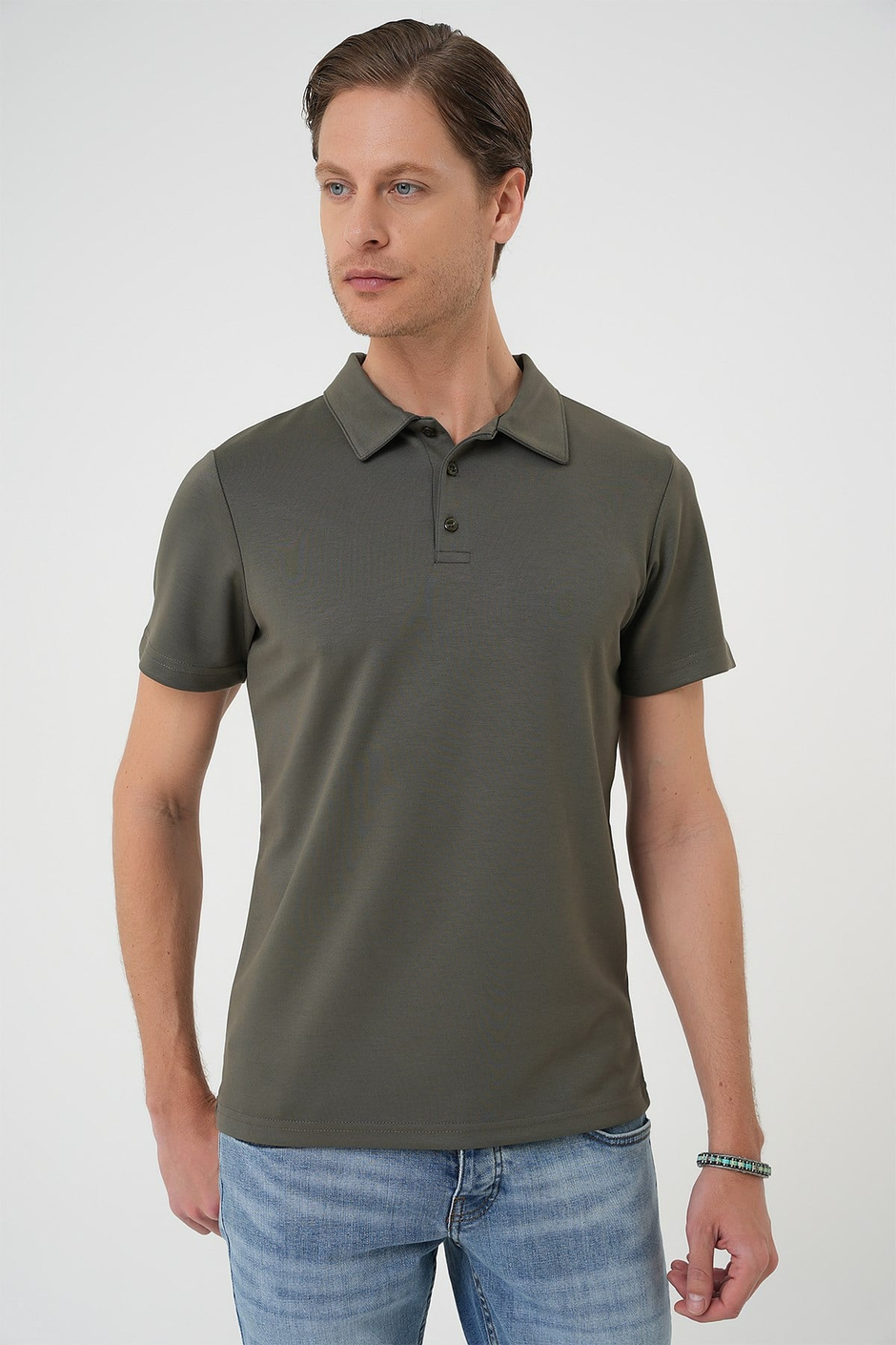 Comfort Fit Esnek Pamuk Düğmeli Haki Polo Yaka Tişört Ts 886