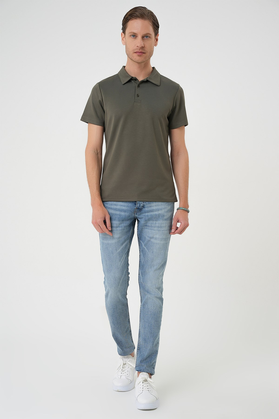 Comfort Fit Esnek Pamuk Düğmeli Haki Polo Yaka Tişört Ts 886