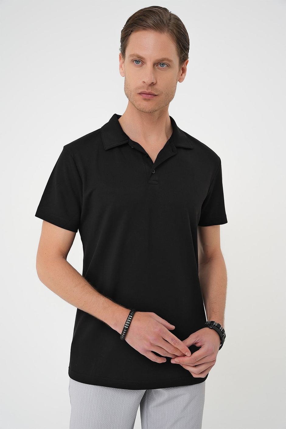 Comfort Fit Esnek Pamuk Düğmeli Siyah Polo Yaka Tişört Ts 886