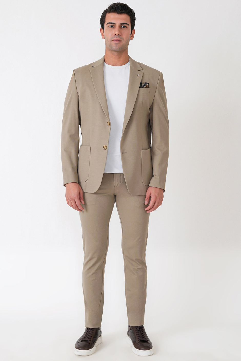 Comfort Fit Esnek Rayon Pamuk Karışım Torba Cepli Bej Blazer Ceket C 744