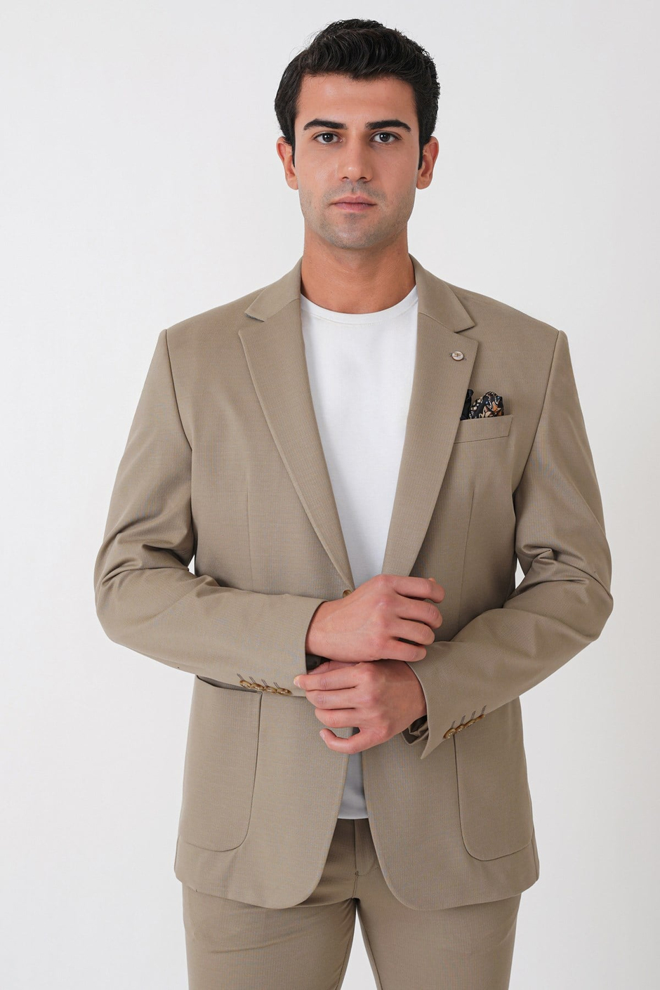 Comfort Fit Esnek Rayon Pamuk Karışım Torba Cepli Bej Blazer Ceket C 744
