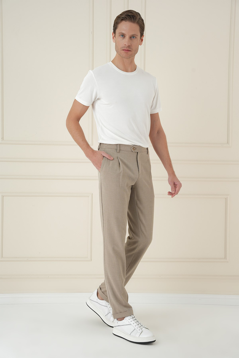 Comfort Fit Gofre Dokulu Beli Lastikli Pileli Bej Jogger Pantolon P 1174
