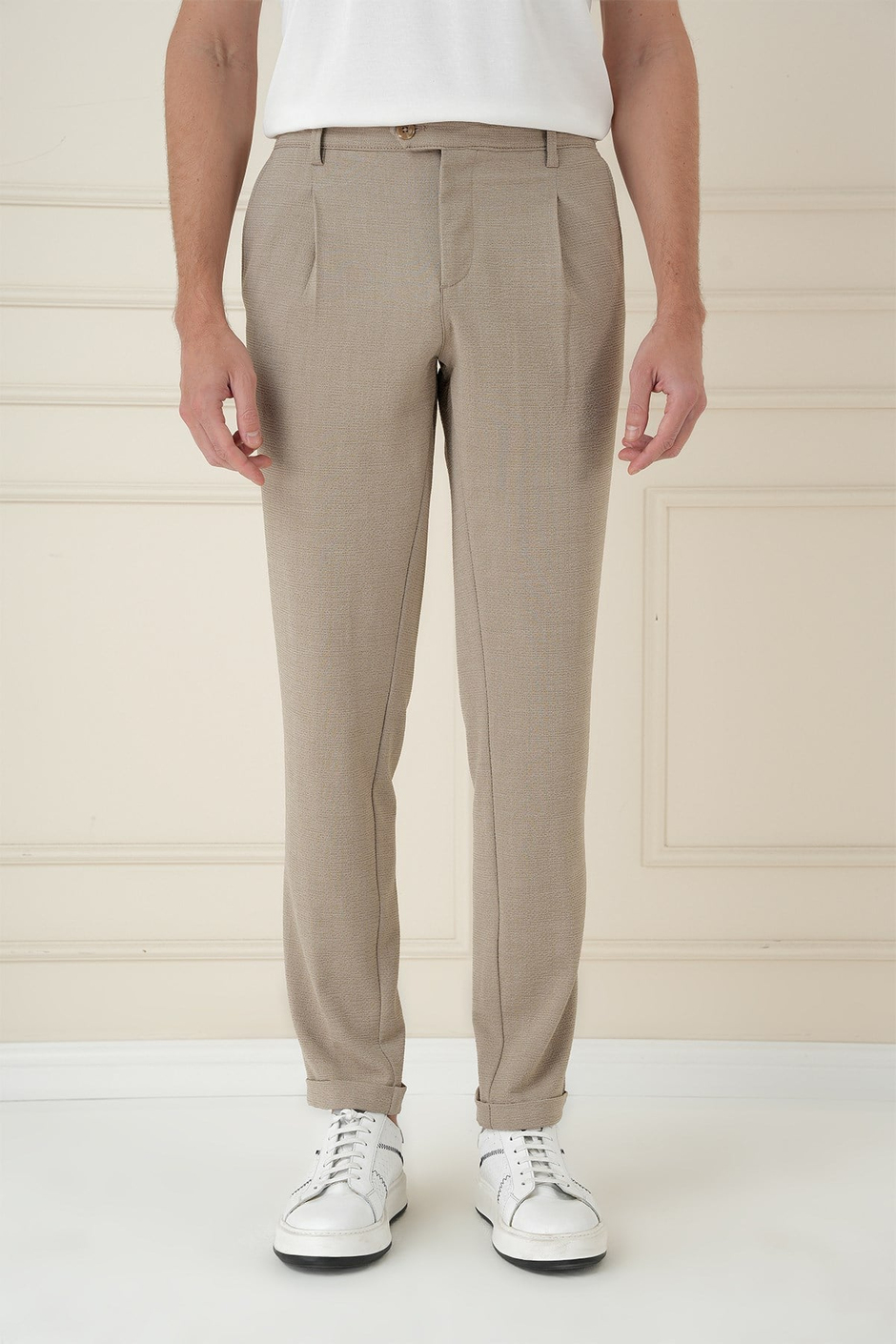 Comfort Fit Gofre Dokulu Beli Lastikli Pileli Bej Jogger Pantolon P 1174