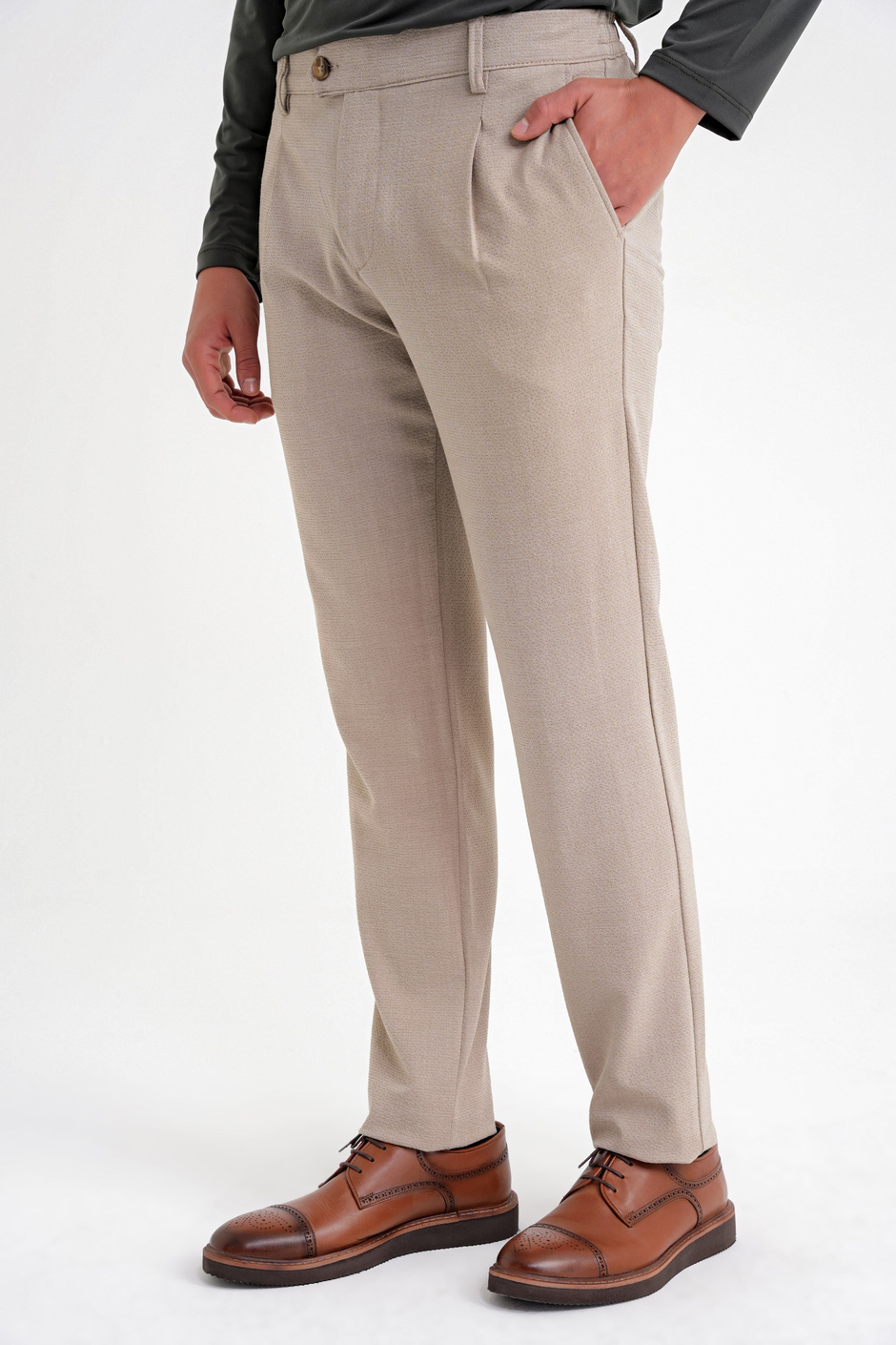 Comfort Fit Gofre Dokulu Beli Lastikli Pileli Bej-1 Jogger Pantolon P 1174