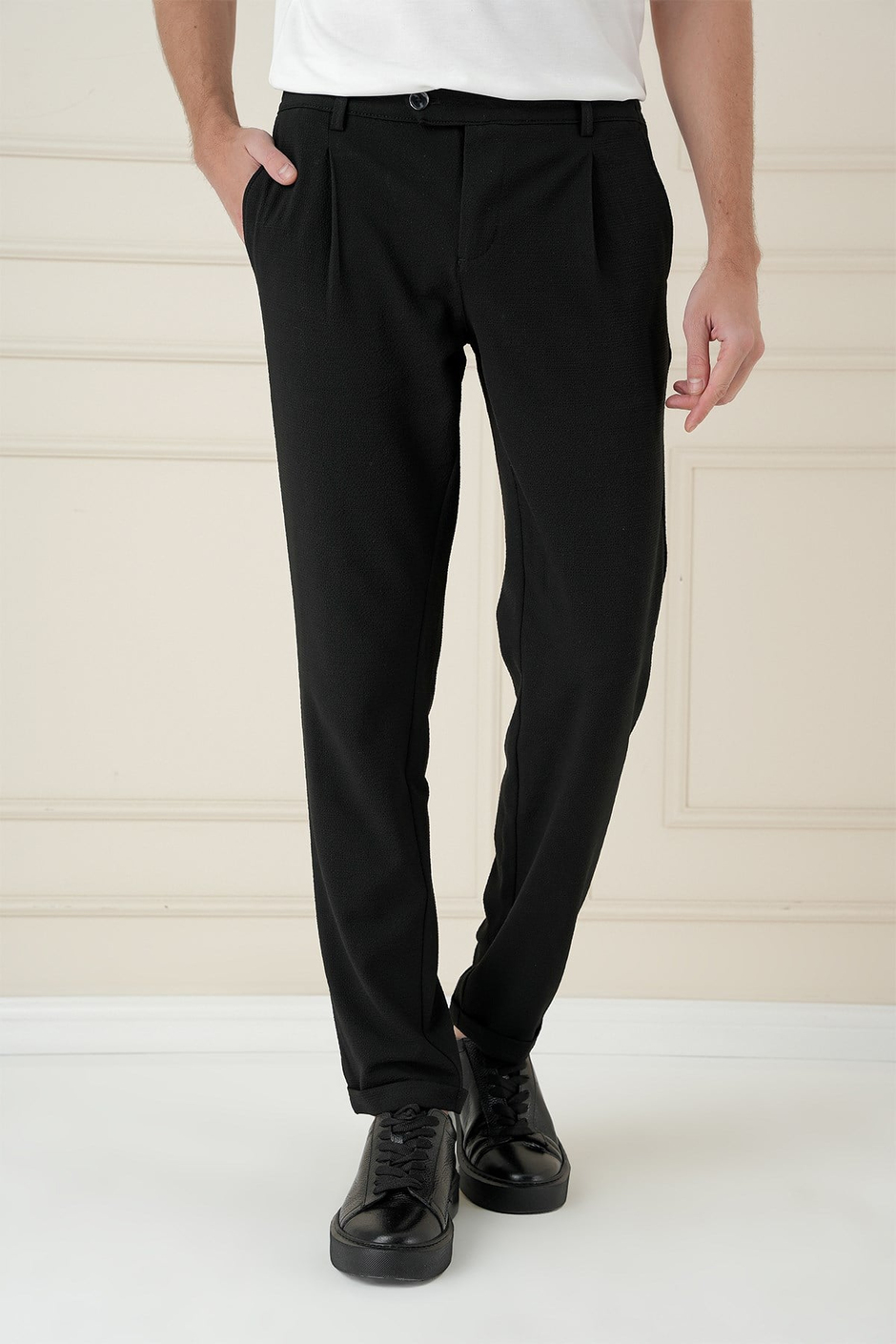 Comfort Fit Gofre Dokulu Beli Lastikli Pileli Siyah Jogger Pantolon P 1174
