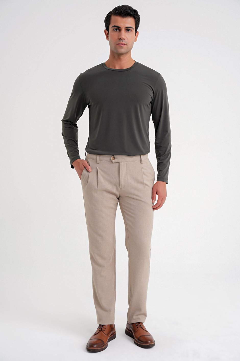 Comfort Fit Gofre Dokulu Beli Lastikli Pileli Bej-1 Jogger Pantolon P 1174