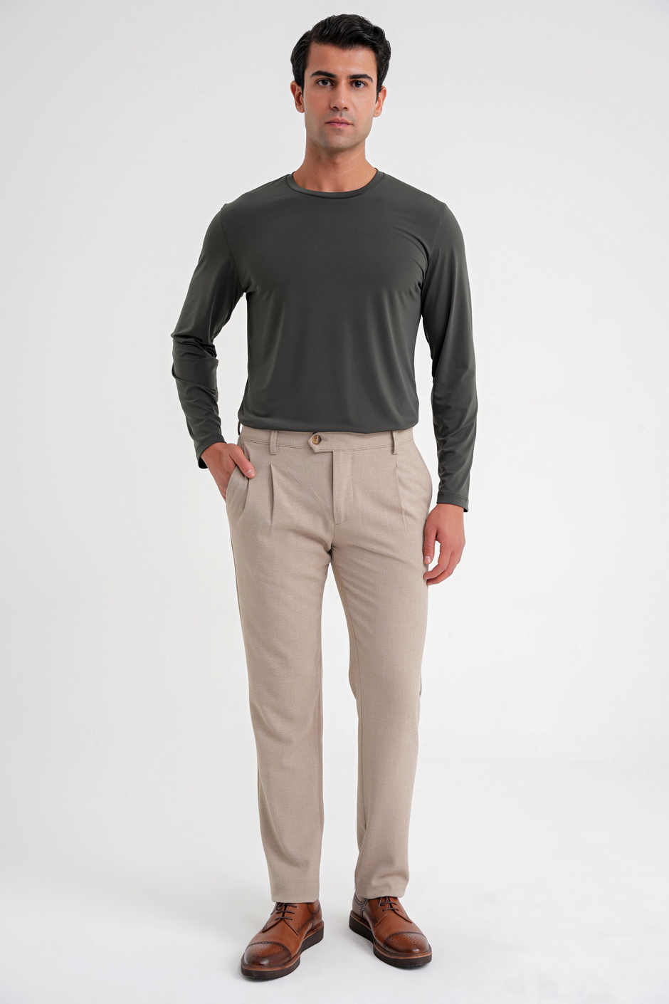 Comfort Fit Gofre Dokulu Beli Lastikli Pileli Bej-1 Jogger Pantolon P 1174