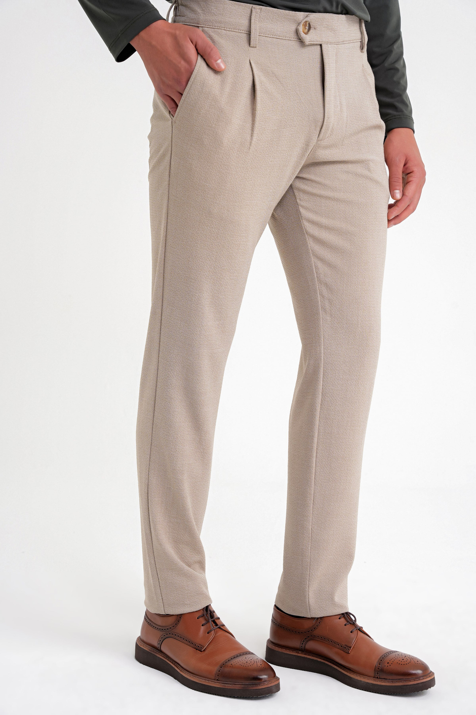 Comfort Fit Gofre Dokulu Beli Lastikli Pileli Bej-1 Jogger Pantolon P 1174