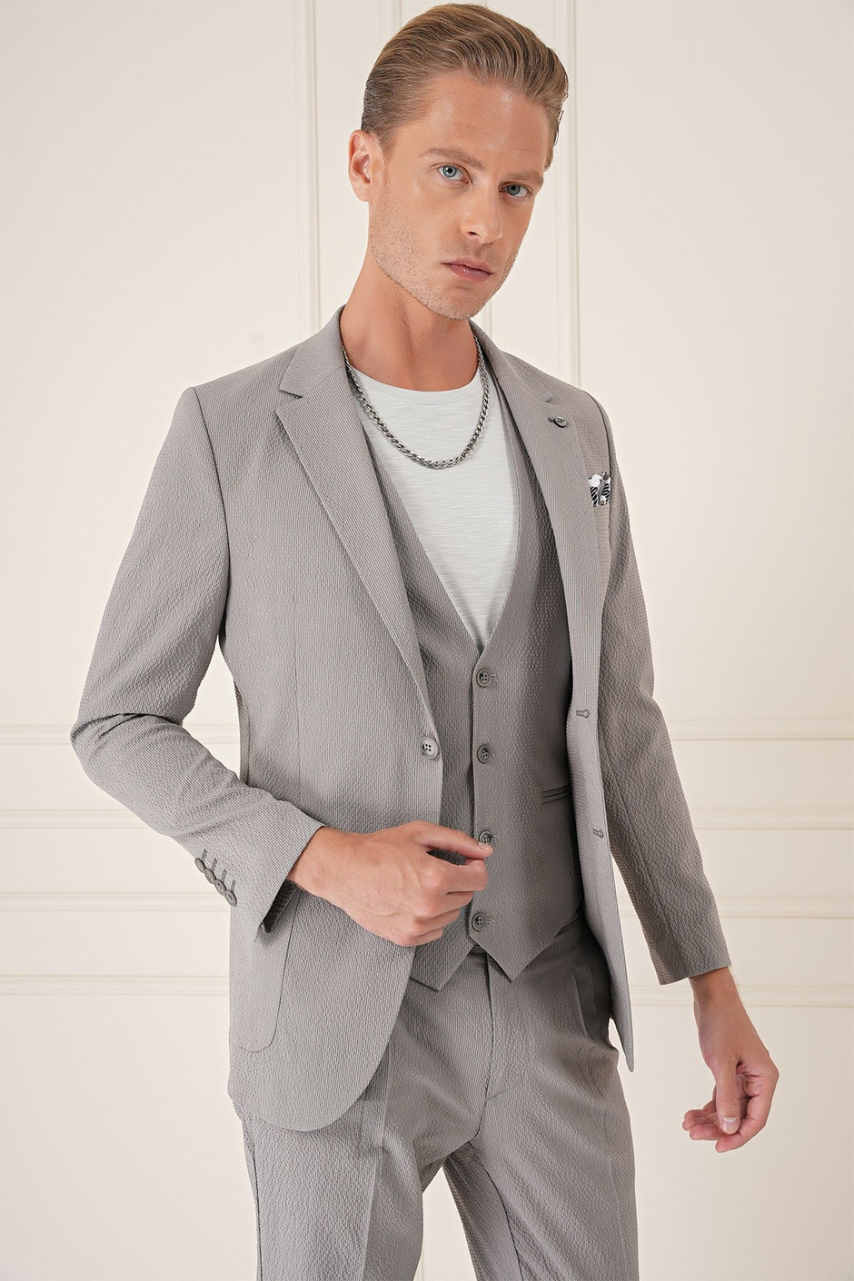 Comfort Fit Gofre Kumaş Pamuk Yelekli Casual Gri Ceket C 678