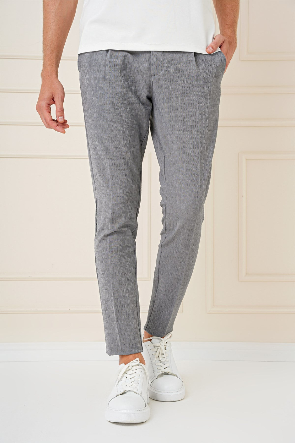 Comfort Fit Gofre Kumaş Pileli Pamuk Casual Gri Pantolon P 1148