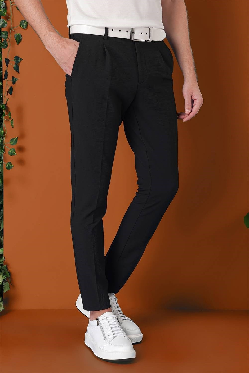 Comfort Fit Gofre Kumaş Pileli Pamuk Casual Siyah Pantolon P 1148