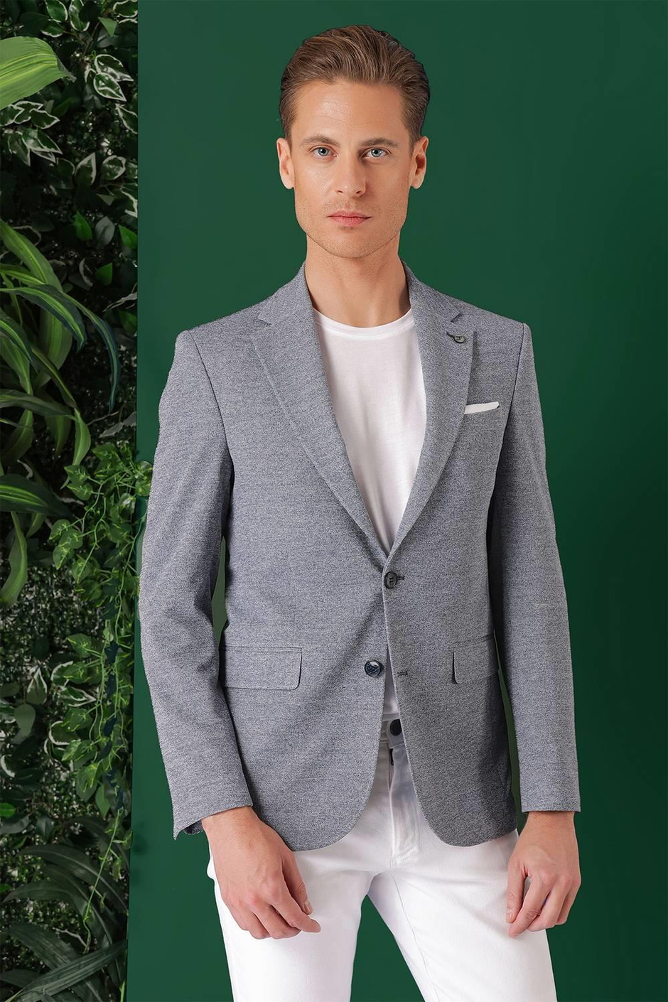 Comfort Fit Kırçıllı Dokuma Pamuklu Casual Mavi Ceket C 665