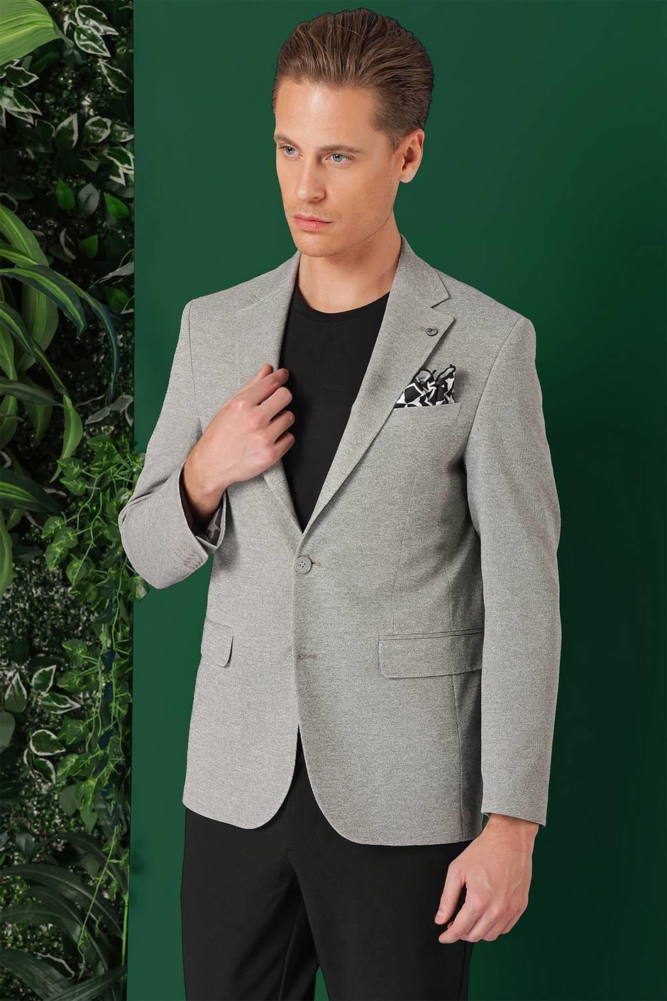 Comfort Fit Kırçıllı Dokuma Pamuklu Casual Gri Ceket C 665