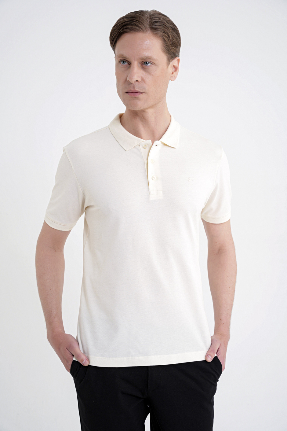 Comfort Fit Kolu Ribanalı %100 Pamuk Düğmeli Ekru Polo Yaka Tişört TS 922
