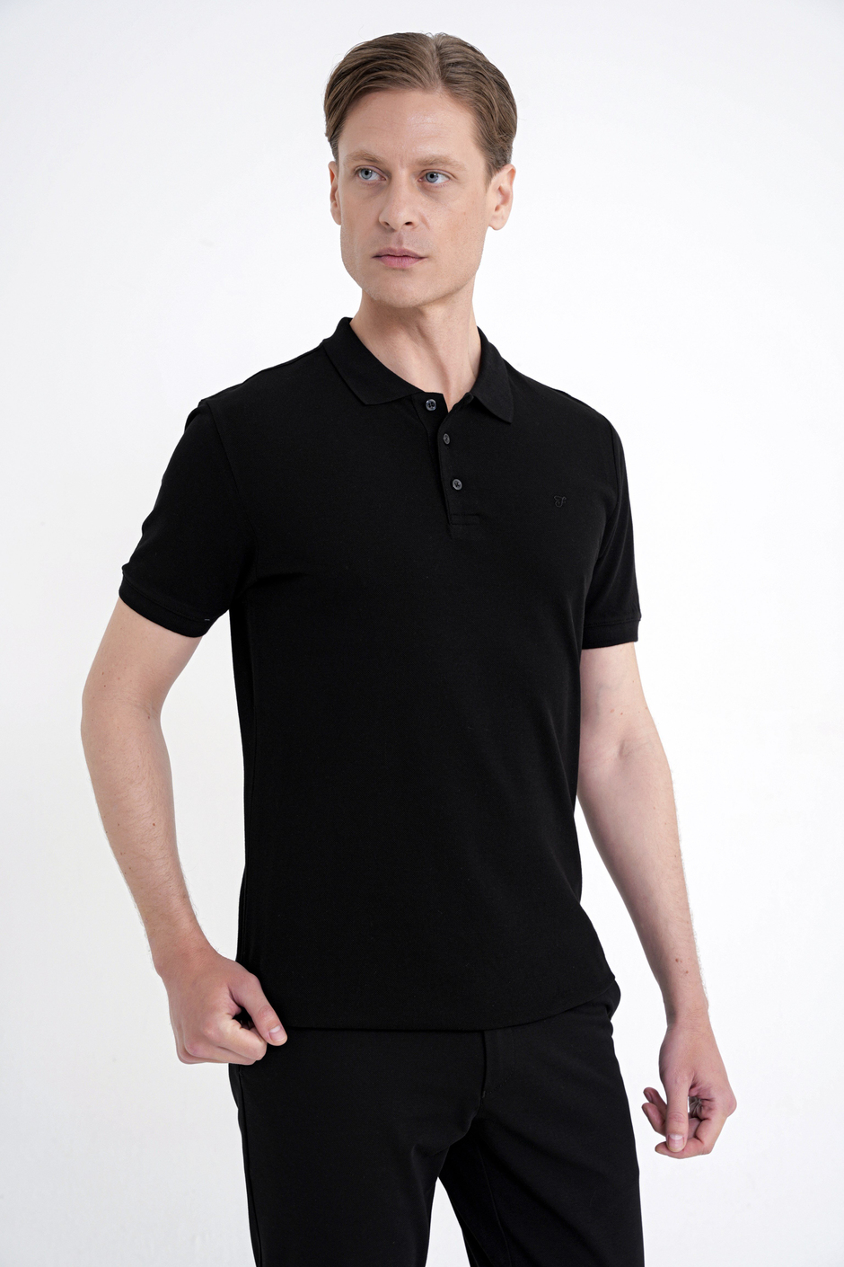 Comfort Fit Kolu Ribanalı %100 Pamuk Düğmeli Siyah Polo Yaka Tişört TS 922