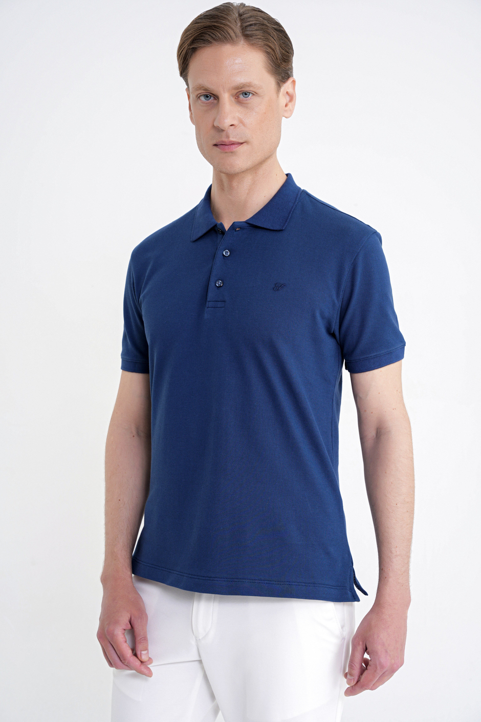 Comfort Fit Kolu Ribanalı %100 Pamuk Düğmeli Lacivert Polo Yaka Tişört TS 922