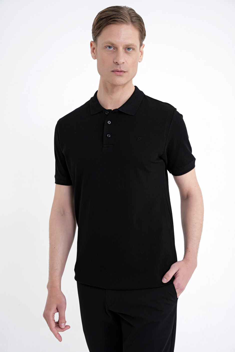 Comfort Fit Kolu Ribanalı %100 Pamuk Düğmeli Siyah Polo Yaka Tişört TS 922