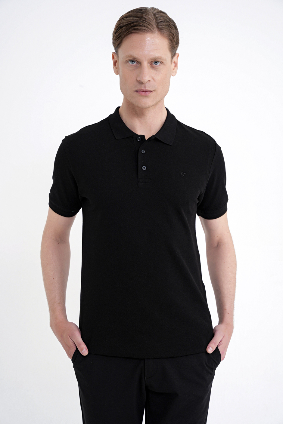 Comfort Fit Kolu Ribanalı %100 Pamuk Düğmeli Siyah Polo Yaka Tişört TS 922