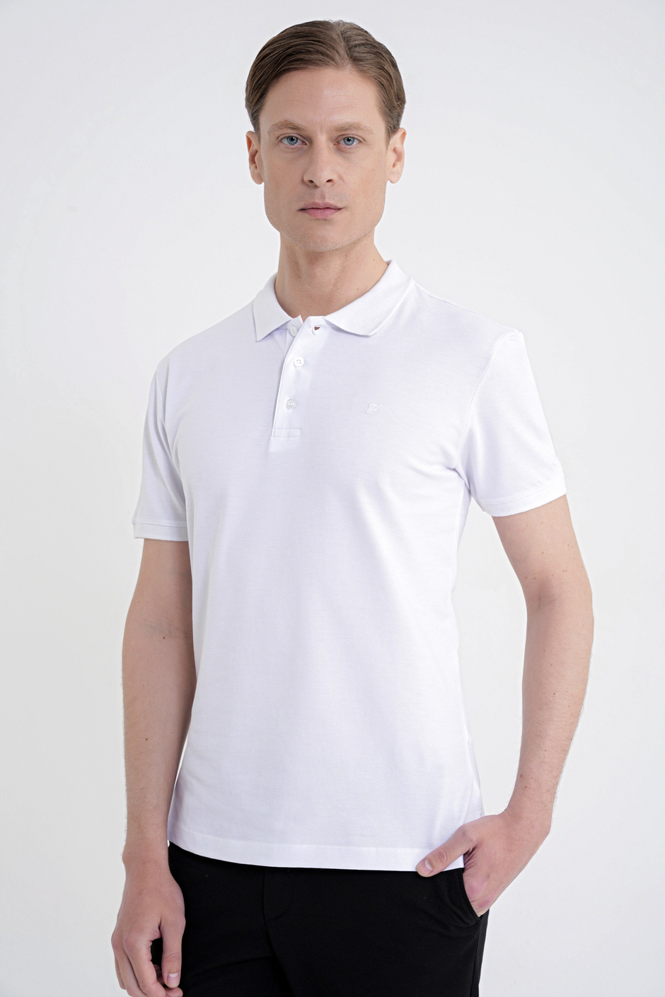 Comfort Fit Kolu Ribanalı %100 Pamuk Düğmeli Beyaz Polo Yaka Tişört TS 922
