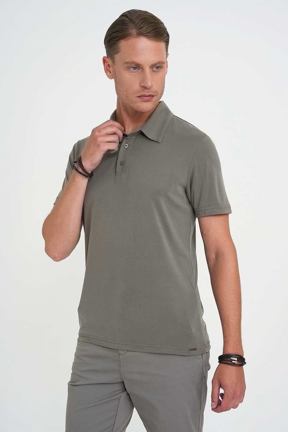 Comfort Fit Modal Karışım Kıvrılmaz Polo Yaka Haki Tişört TS 903