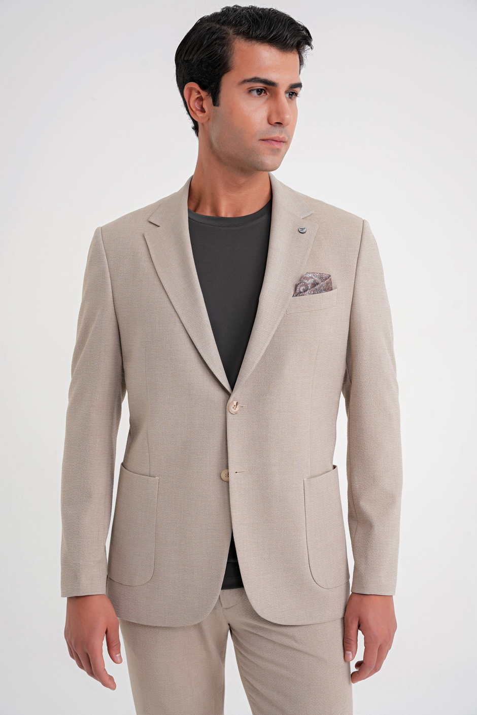 Comfort Fit Mono Yaka Çift Yırtmaç Torba Cep Bej-1 Blazer Ceket C 698