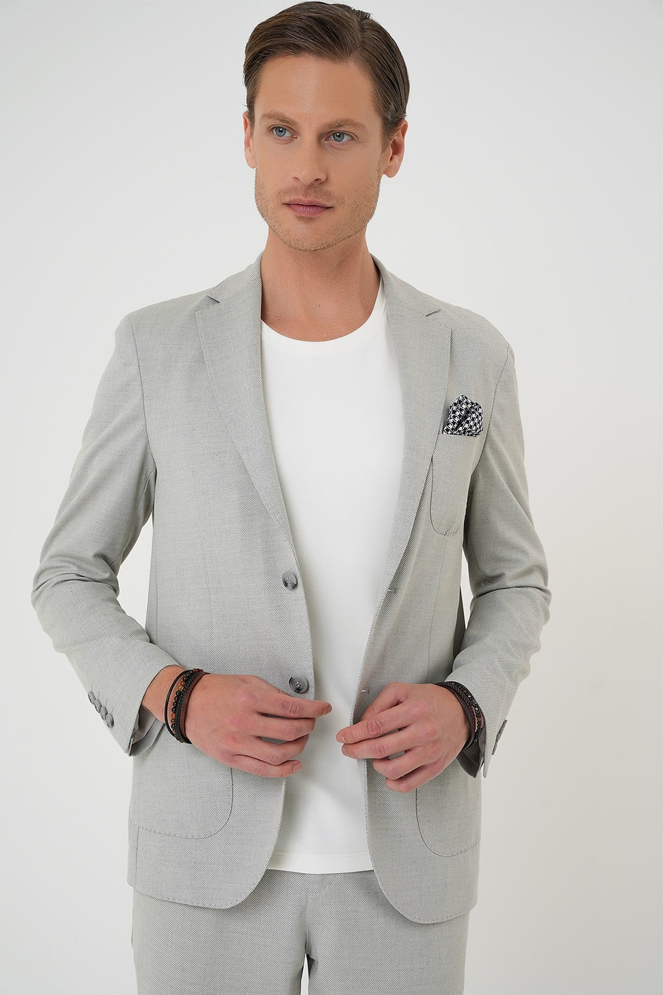 Comfort Fit Mono Yaka Çift Yırtmaç Torba Cep Doku Desenli Gri Blazer Ceket C 706