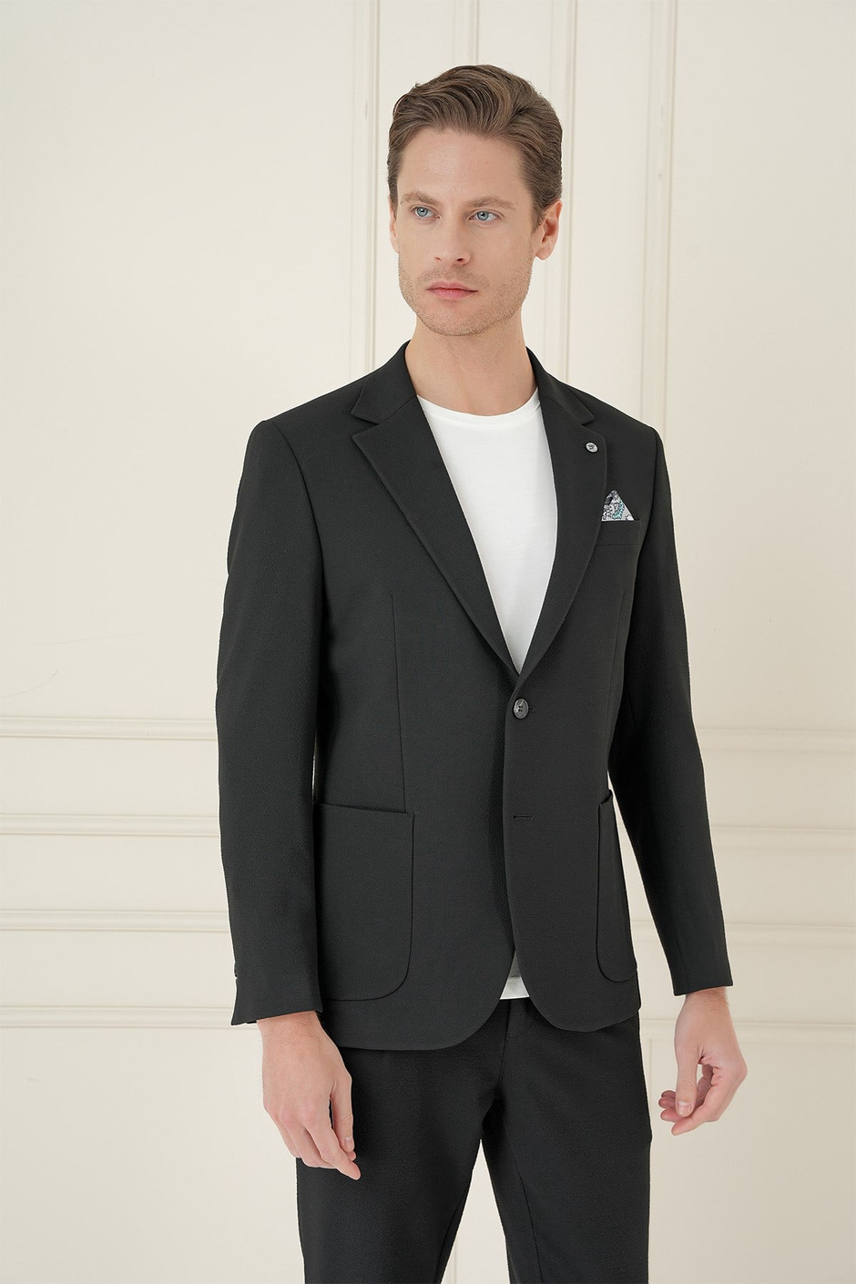 Comfort Fit Mono Yaka Çift Yırtmaç Torba Cep Siyah Blazer Ceket C 698