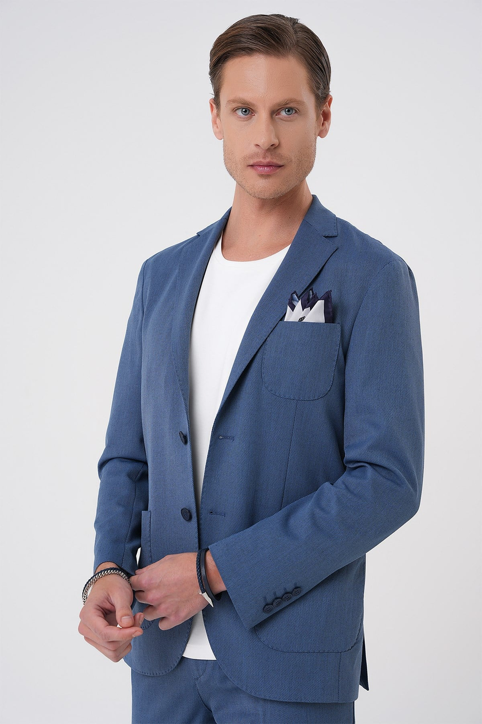 Comfort Fit Mono Yaka Çift Yırtmaç Torba Cep Doku Desenli İndigo Blazer Ceket C 706