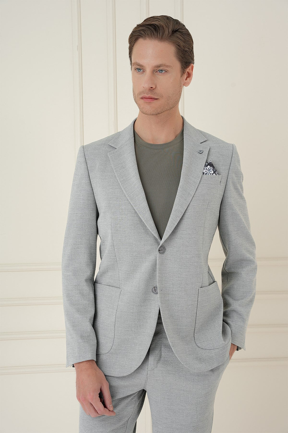 Comfort Fit Mono Yaka Çift Yırtmaç Torba Cep Gri Blazer Ceket C 698
