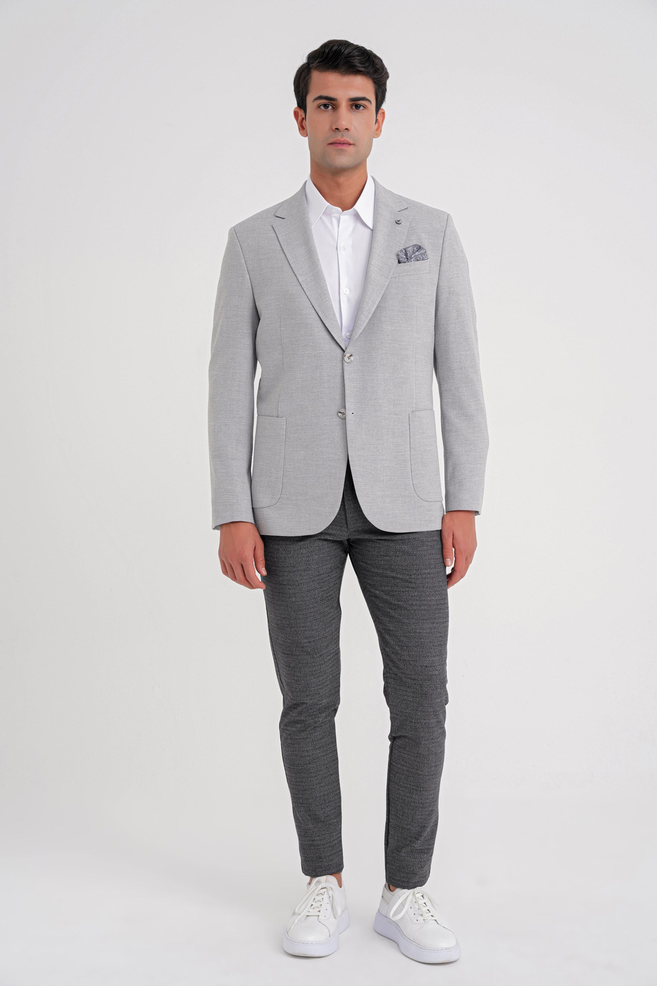 Comfort Fit Mono Yaka Çift Yırtmaç Torba Cep Gri-1 Blazer Ceket C 698