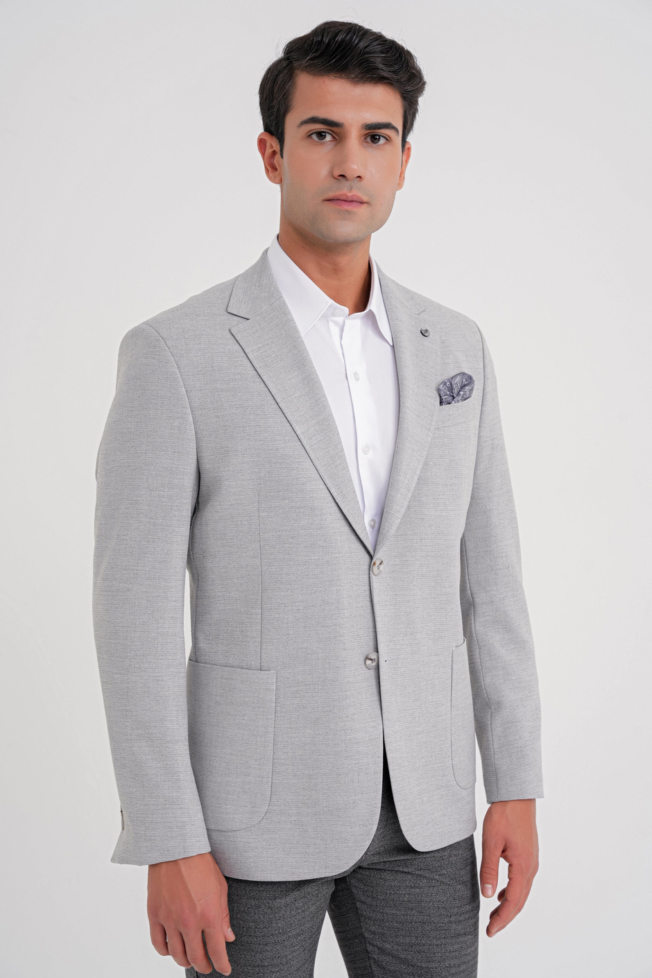 Comfort Fit Mono Yaka Çift Yırtmaç Torba Cep Gri-1 Blazer Ceket C 698