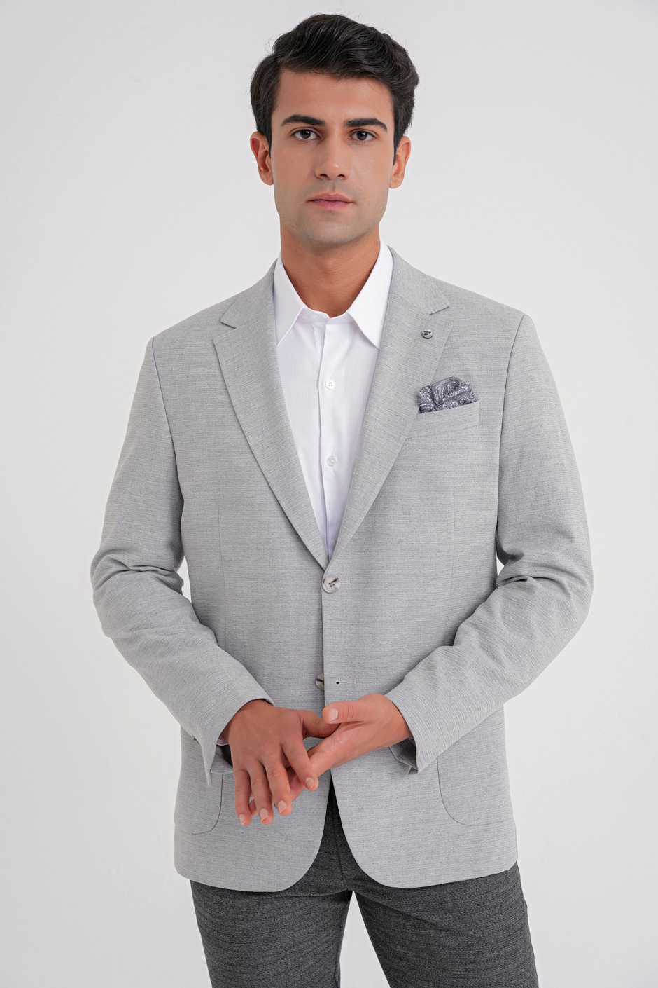 Comfort Fit Mono Yaka Çift Yırtmaç Torba Cep Gri-1 Blazer Ceket C 698