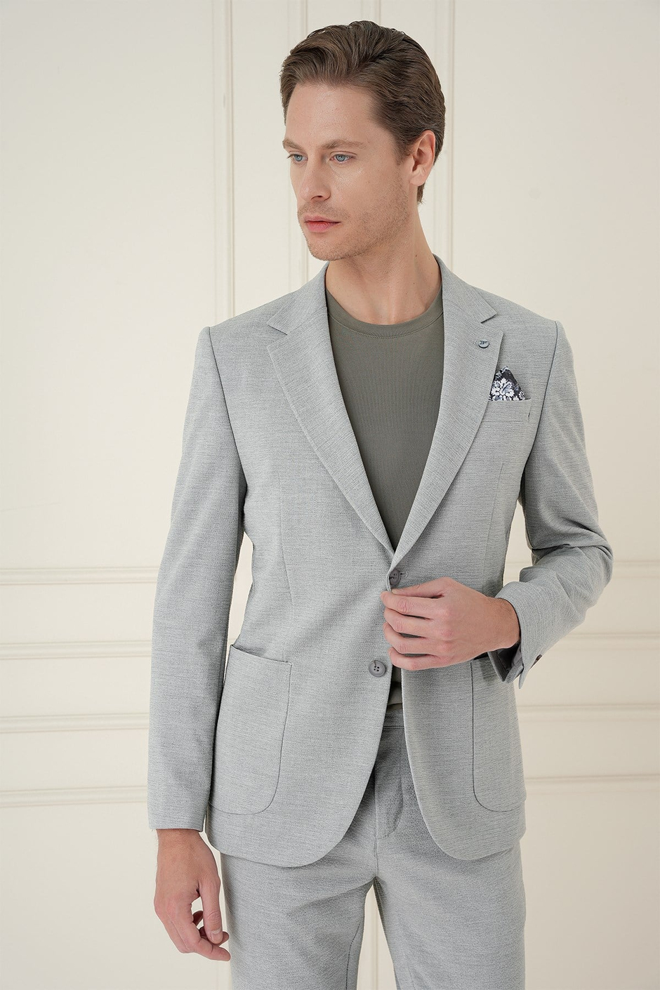 Comfort Fit Mono Yaka Çift Yırtmaç Torba Cep Gri Blazer Ceket C 698