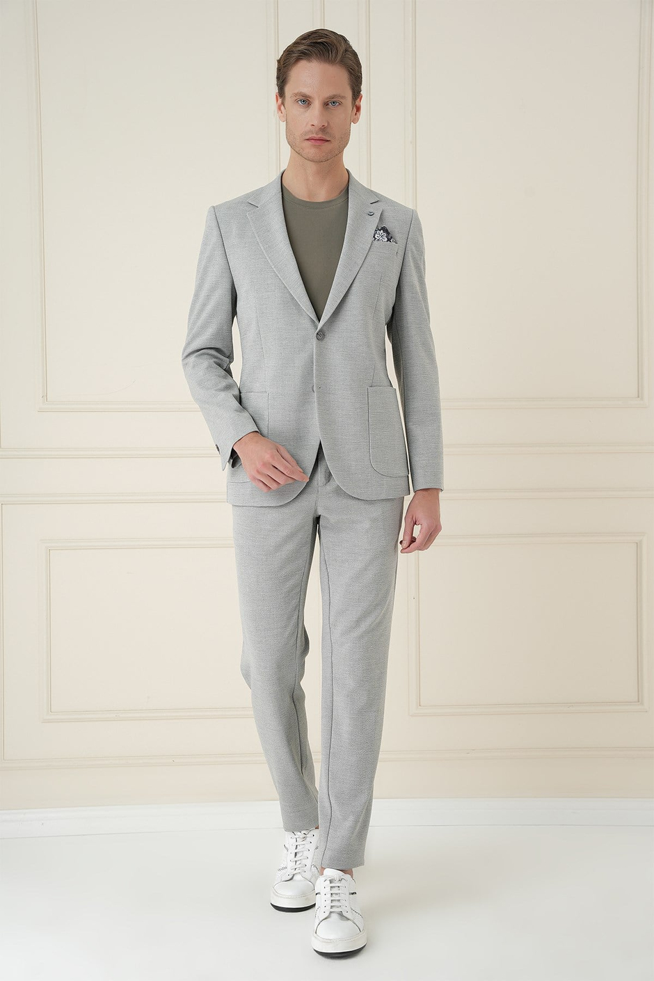 Comfort Fit Mono Yaka Çift Yırtmaç Torba Cep Gri Blazer Ceket C 698