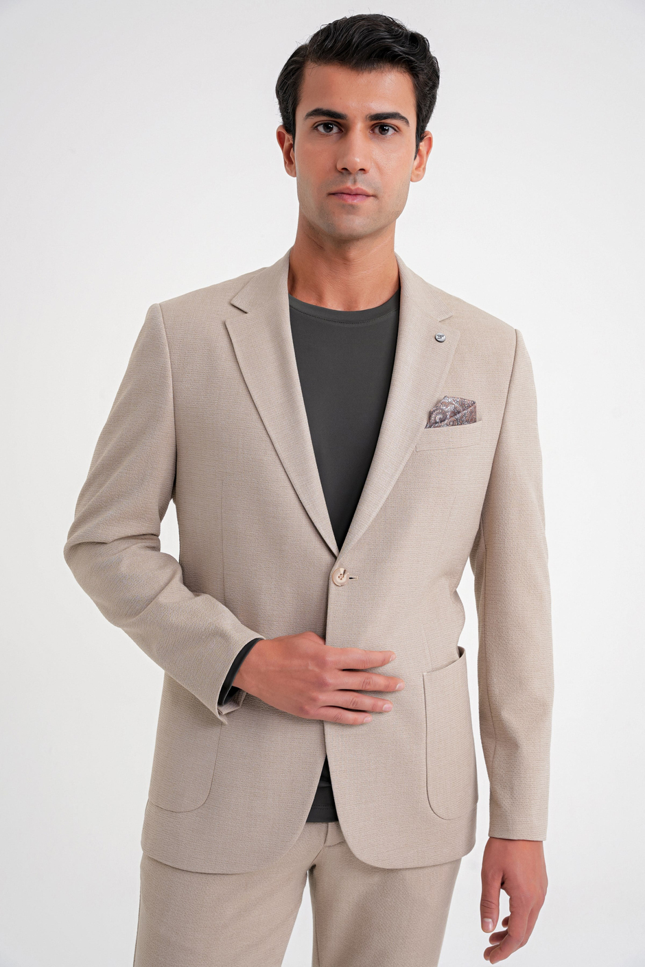 Comfort Fit Mono Yaka Çift Yırtmaç Torba Cep Bej-1 Blazer Ceket C 698