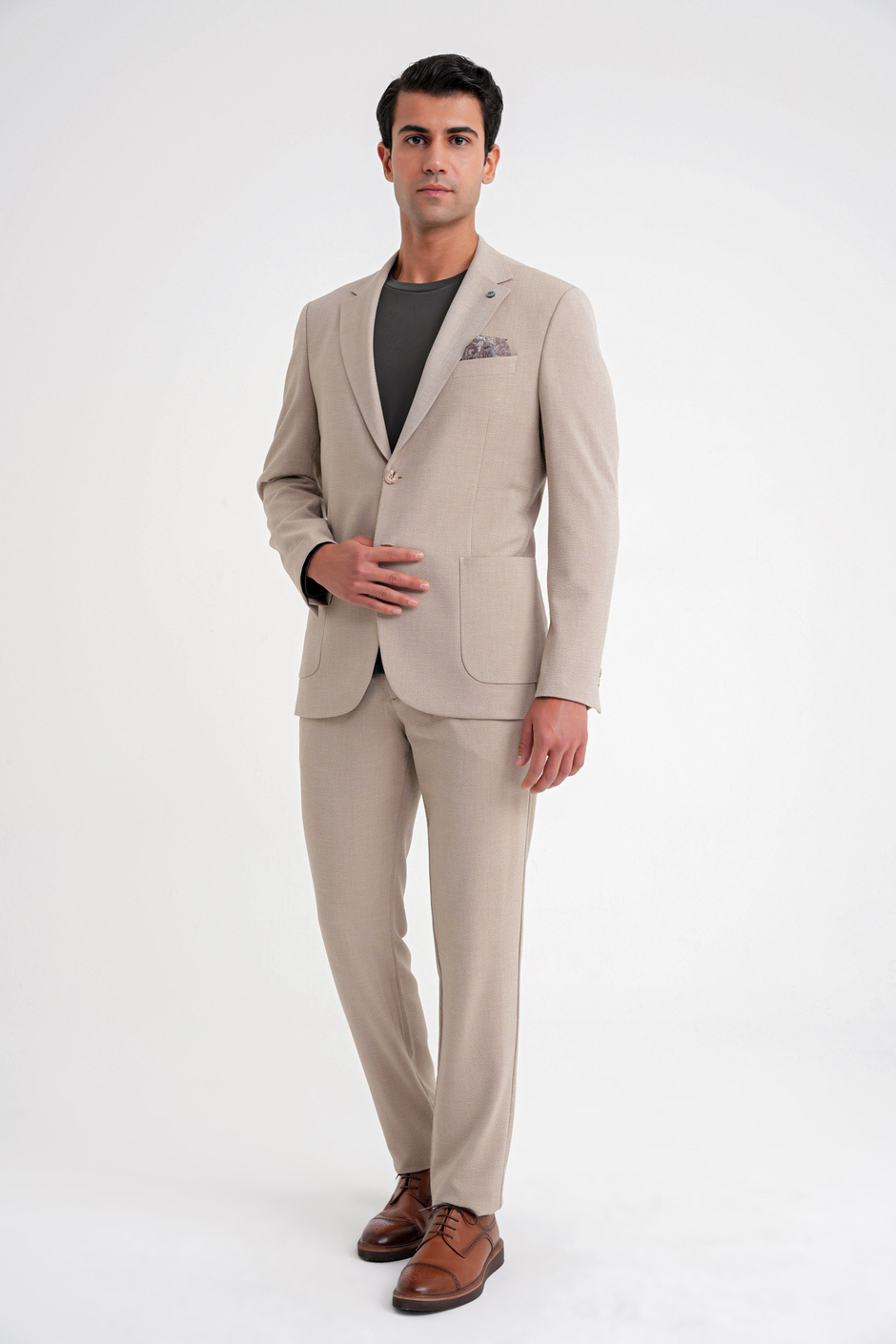 Comfort Fit Mono Yaka Çift Yırtmaç Torba Cep Bej-1 Blazer Ceket C 698