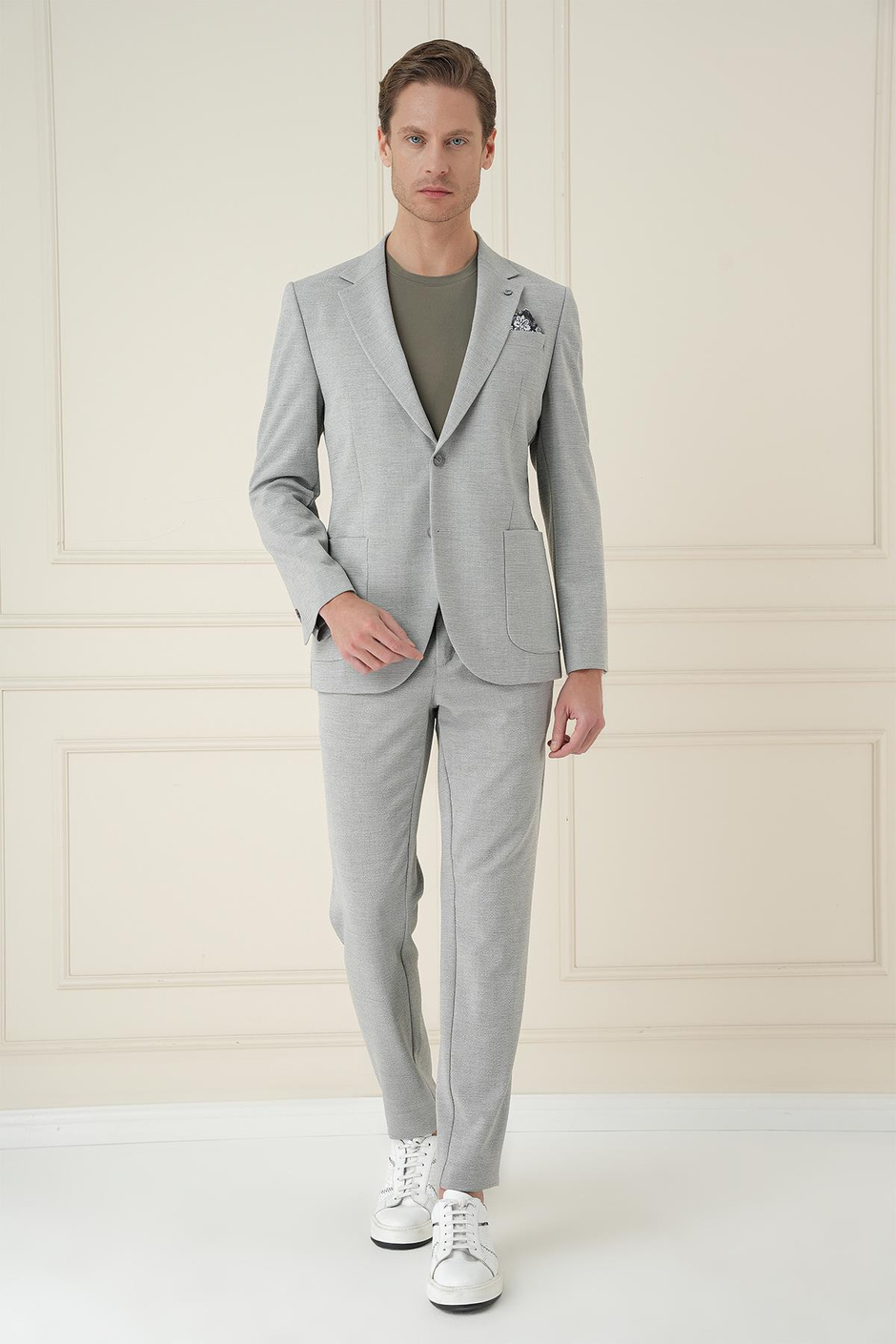 Comfort Fit Mono Yaka Çift Yırtmaç Torba Cep Gri Blazer Ceket C 698
