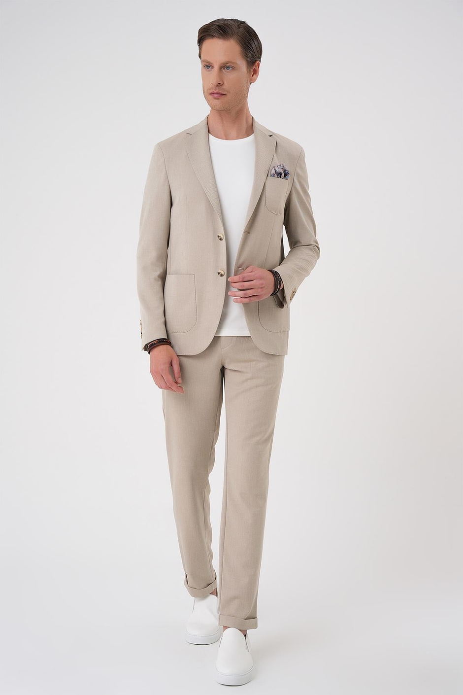 Comfort Fit Mono Yaka Çift Yırtmaç Torba Cep Doku Desenli Bej Blazer Ceket C 706