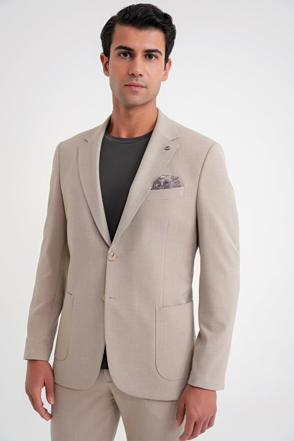 Comfort Fit Mono Yaka Çift Yırtmaç Torba Cep Bej-1 Blazer Ceket C 698